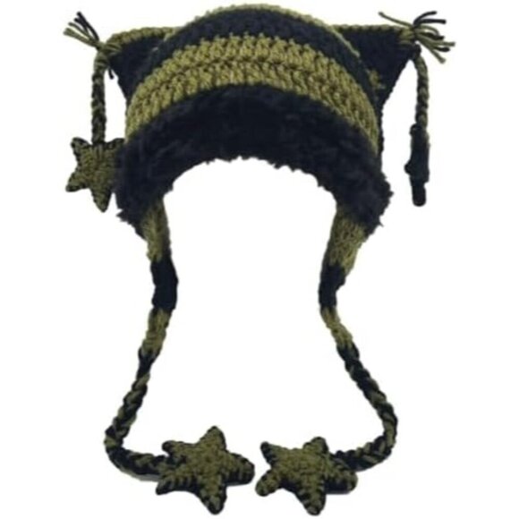 Women’s Knit Beanie with Cat Ears Stars Pattern Cozy Winter Hat Black Green main image 7